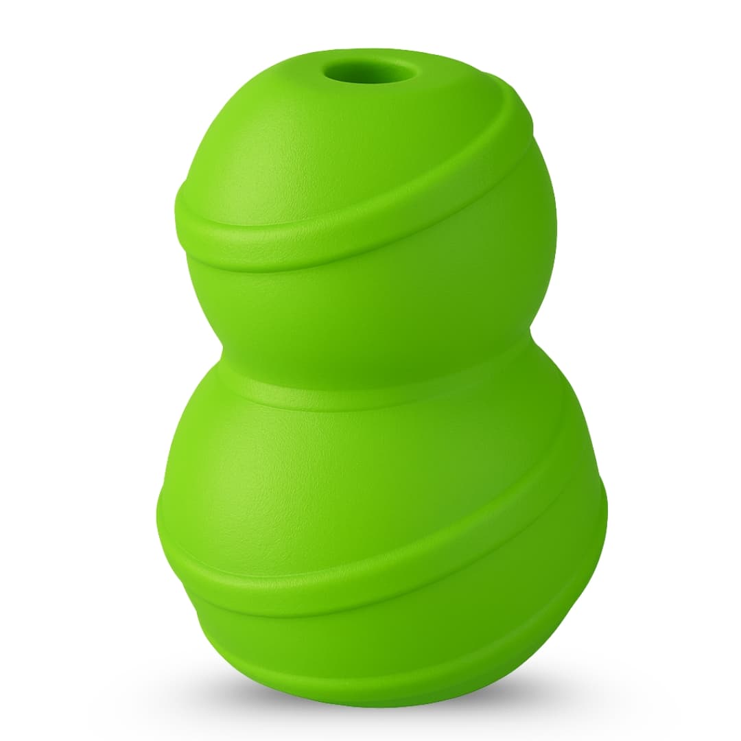 A green rubber pet slow feeder toy designed to dispense food.