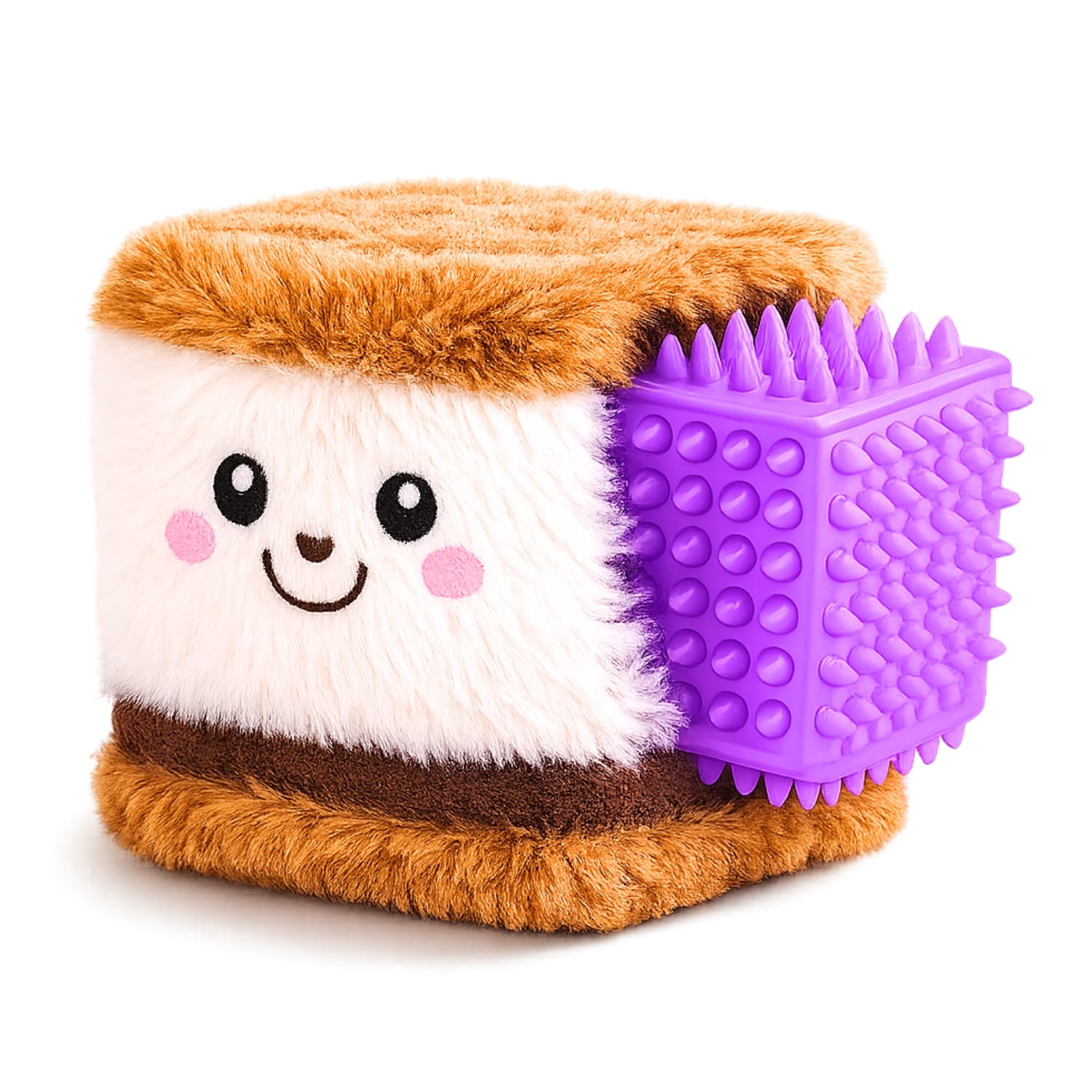 Plush Rippable DuraPaw dog toy resembling a smores marshmallow with a textured purple side squeaky rubber core on a white background
