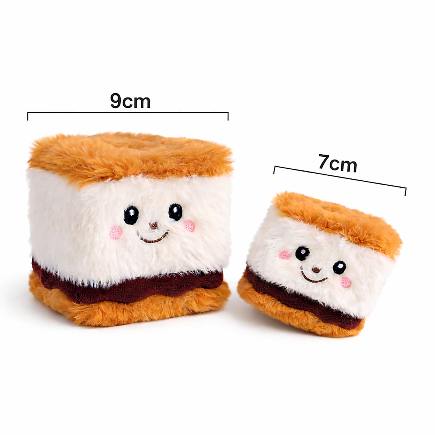 Two small DuraPaw Camping themed Smores 2 in 1 plush toys with smiling faces, shown with measurements on a white background.