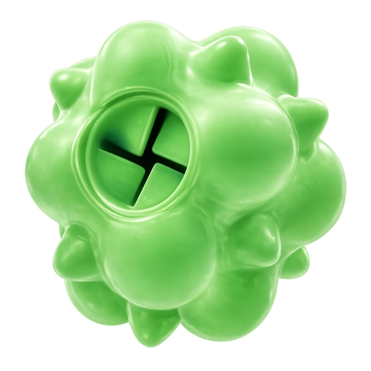 Green rubber textured ball dog toy with a central treat dispensing hole on a white background