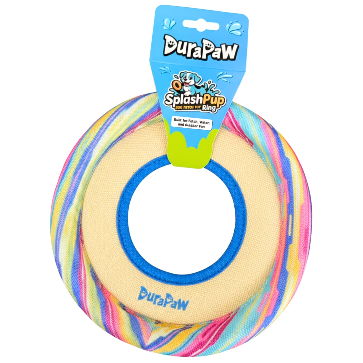 Colorful dog toy fetch ring with DuraPaw branding on a white background