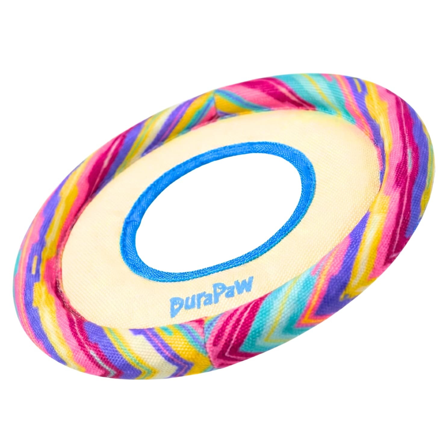 Colorful DuraPaw fetch splash ring dog toy with a white background