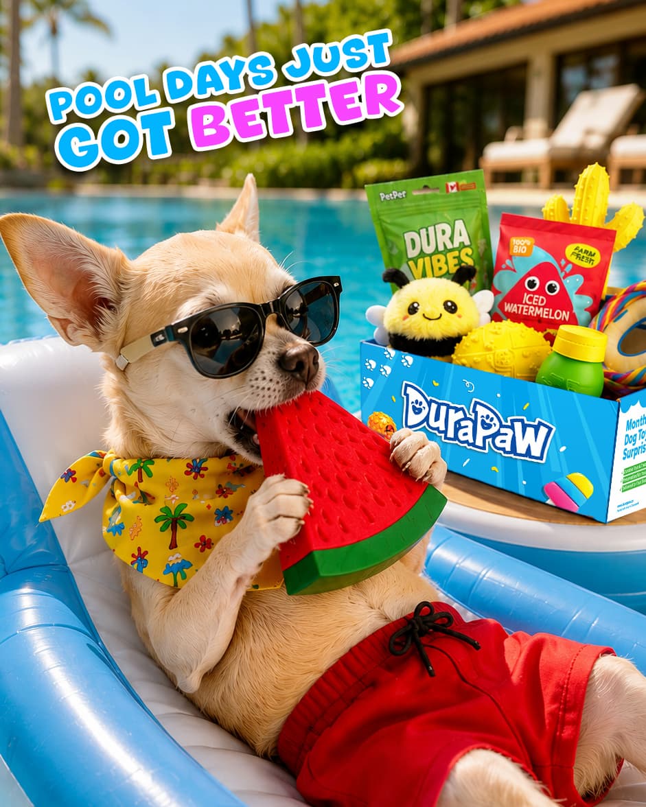 DuraPaw Summer Drop 2026 pool-themed Canadian dog subscription box with durable toys and treats curated for enrichment-loving dogs all summer long.