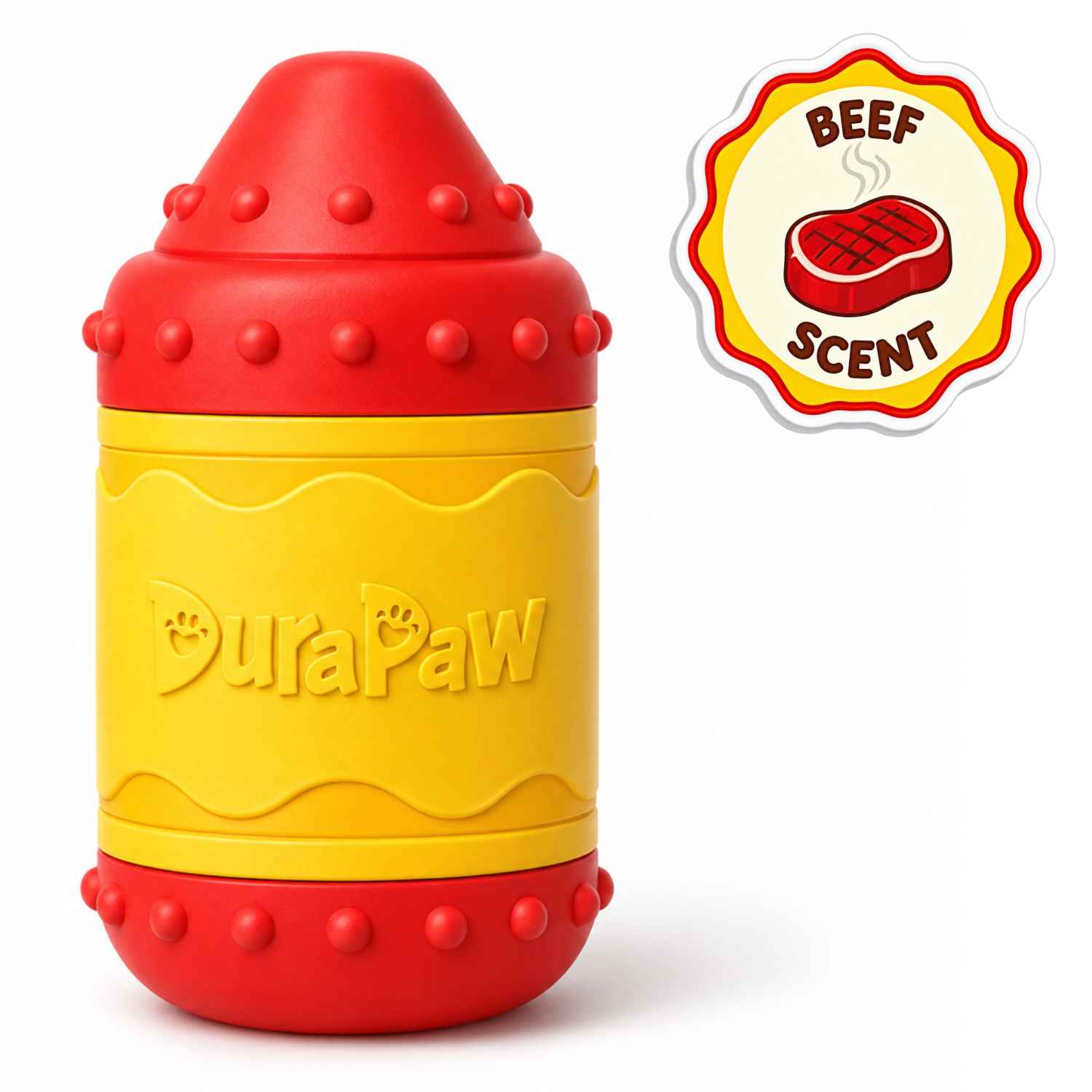 A red and yellow DuraPaw dog toy shaped like a school themed crayon, shown on a white background with a circular 'BEEF SCENT' graphic overlay in the top right.