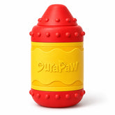 DuraPaw red and yellow Crayon shaped durable thick rubber dog toy with on a white background