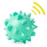 Turquoise DuraPaw dog squeaky ball with spikes and a yellow sound wave on a white background
