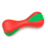 Red and green rubber bumpy bone shaped dog chew toy with textured green nubs for added grip and dental stimulation, displayed on a white background