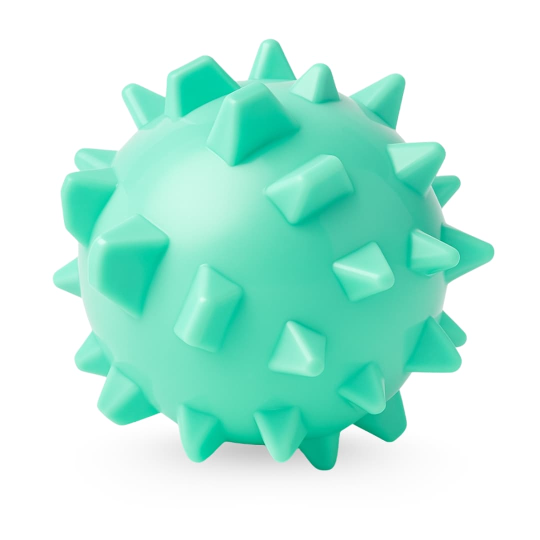 Teal rubber spiky ball dog toy with raised pyramid-style nubs for chewing, shown on white background