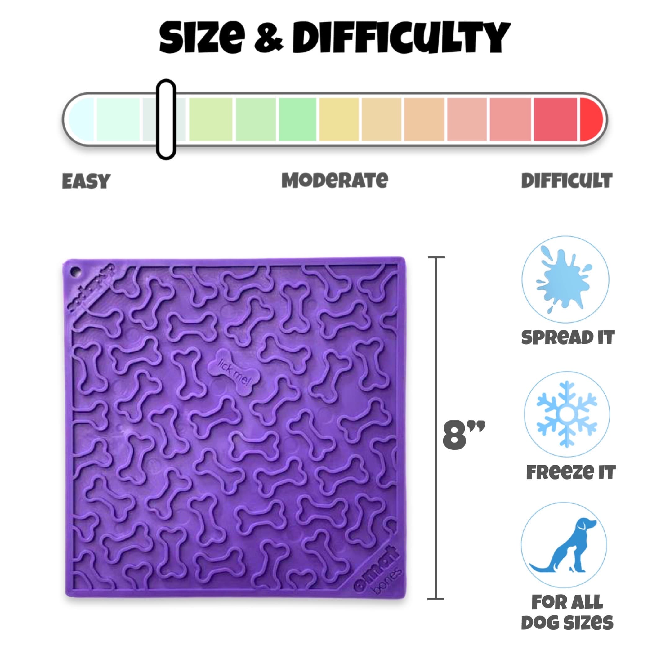Dog Lick Mat Bone Pattern Size and Durability Chart