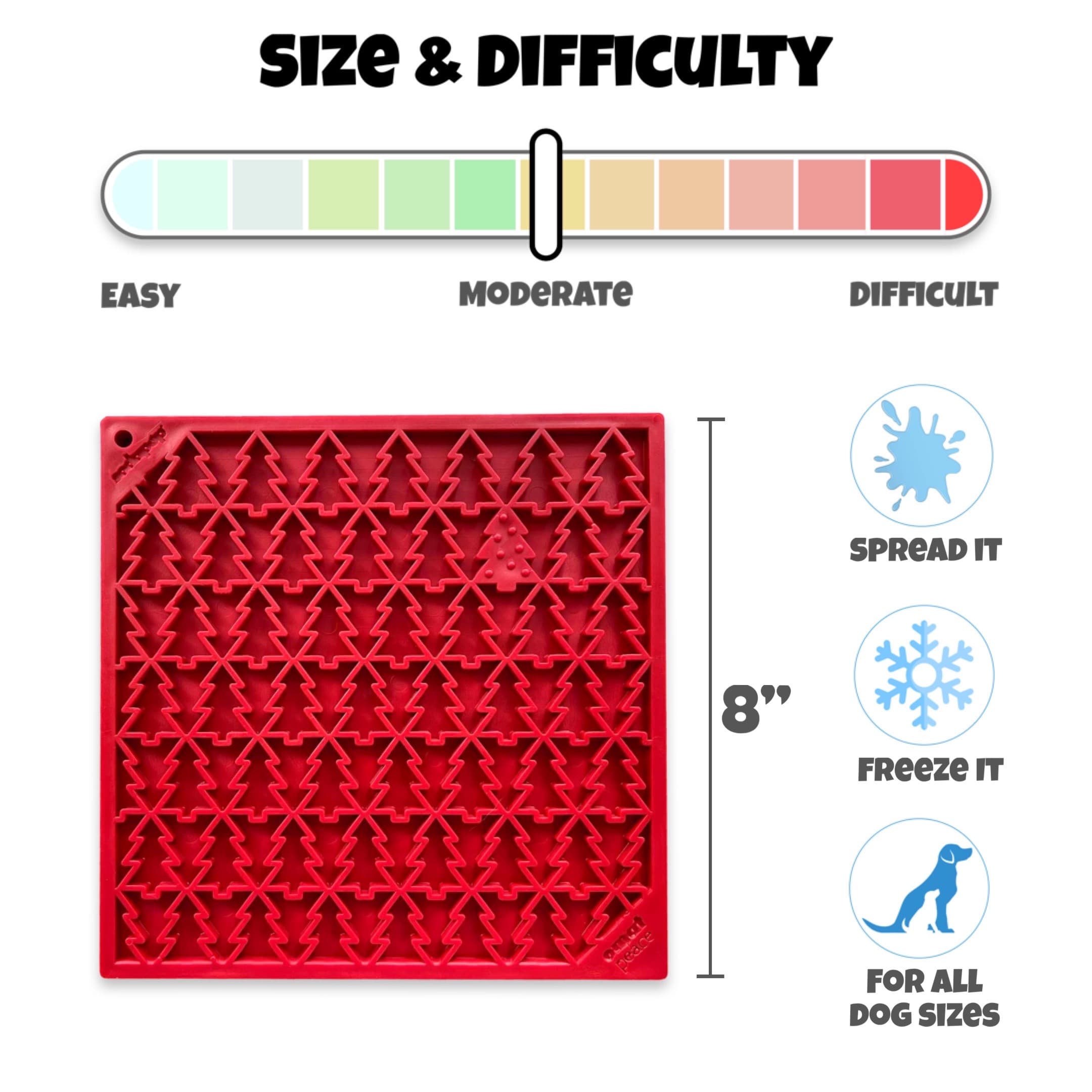 Dog Lick Mat Red Tree Design Size and Difficulty Chart